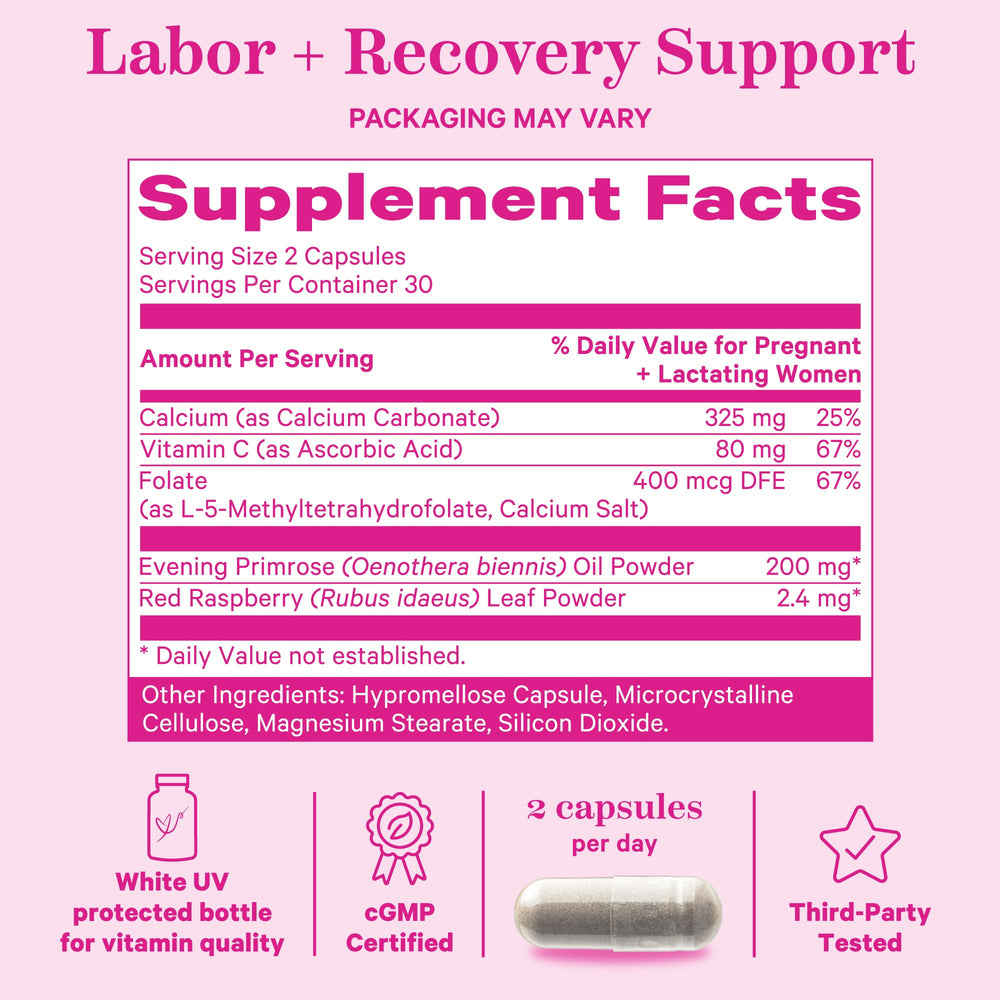 Pink Stork Labor Prep packaging front view on a kitchen counter.