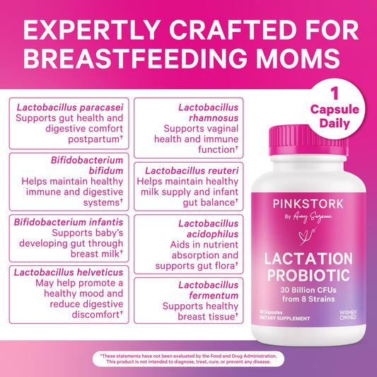 Pink Stork probiotic capsules on shelf emphasize postnatal wellness and convenience.