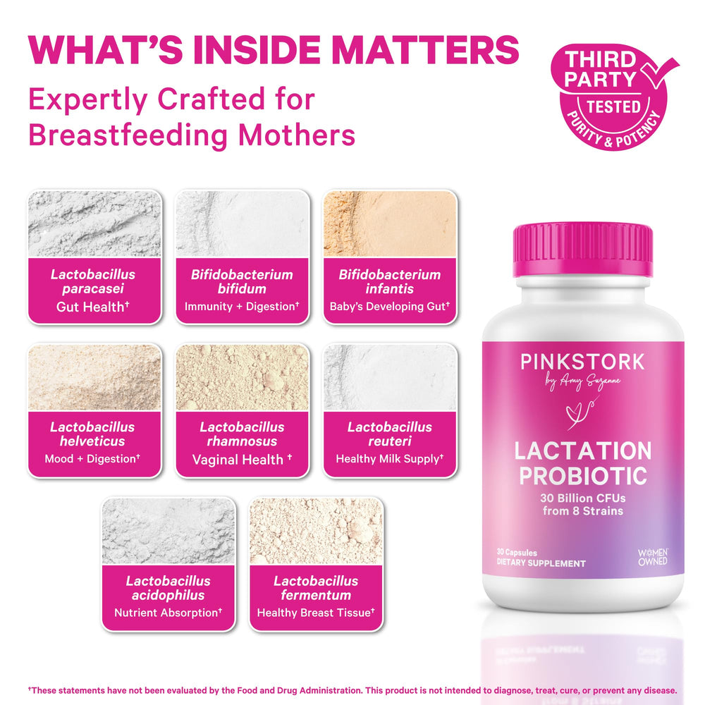 Close-up of Pink Stork Lactation Probiotic capsules for daily gut-friendly support