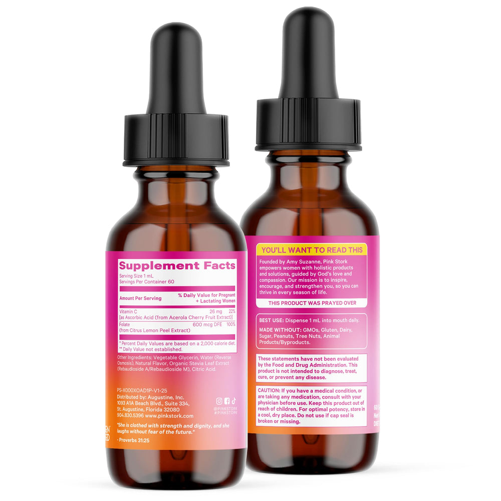 Amber bottle of Pink Stork Liquid Folate Drops front view for clean storage.