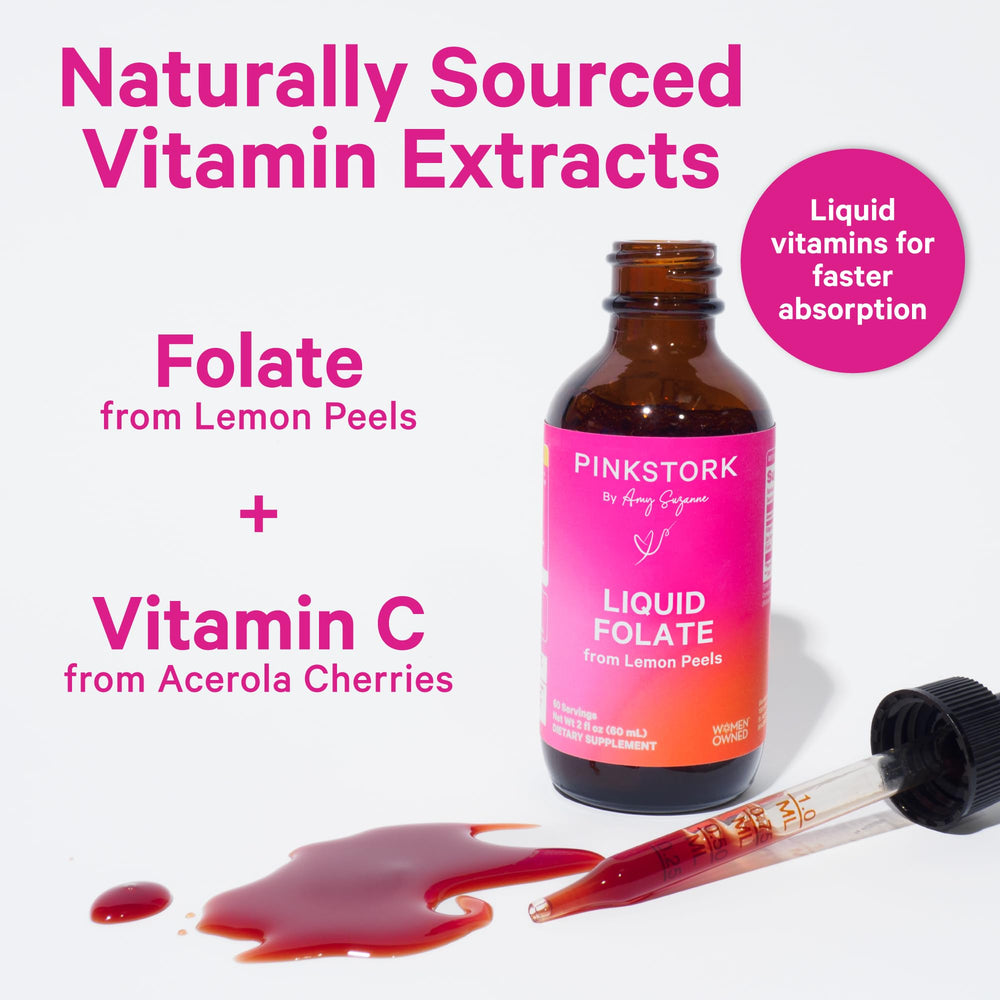 Pink Stork Liquid Folate Drops dropper dispense showing precise dosing.