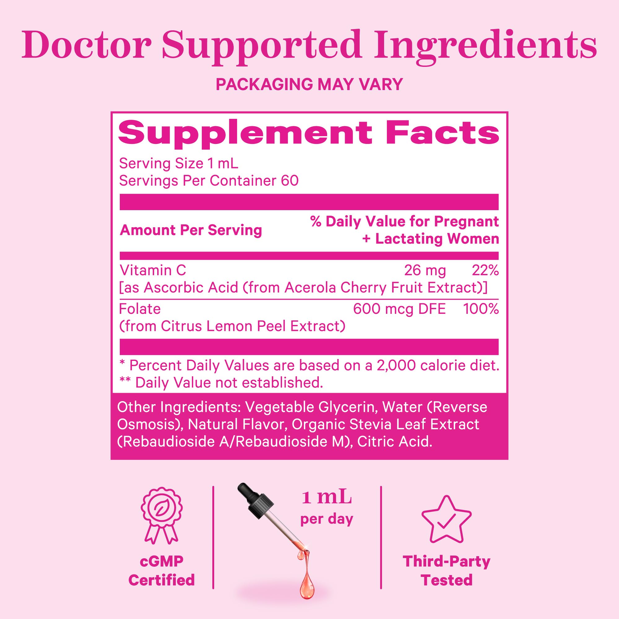 Closeup of Pink Stork Liquid Folate Drops liquid in dropper.