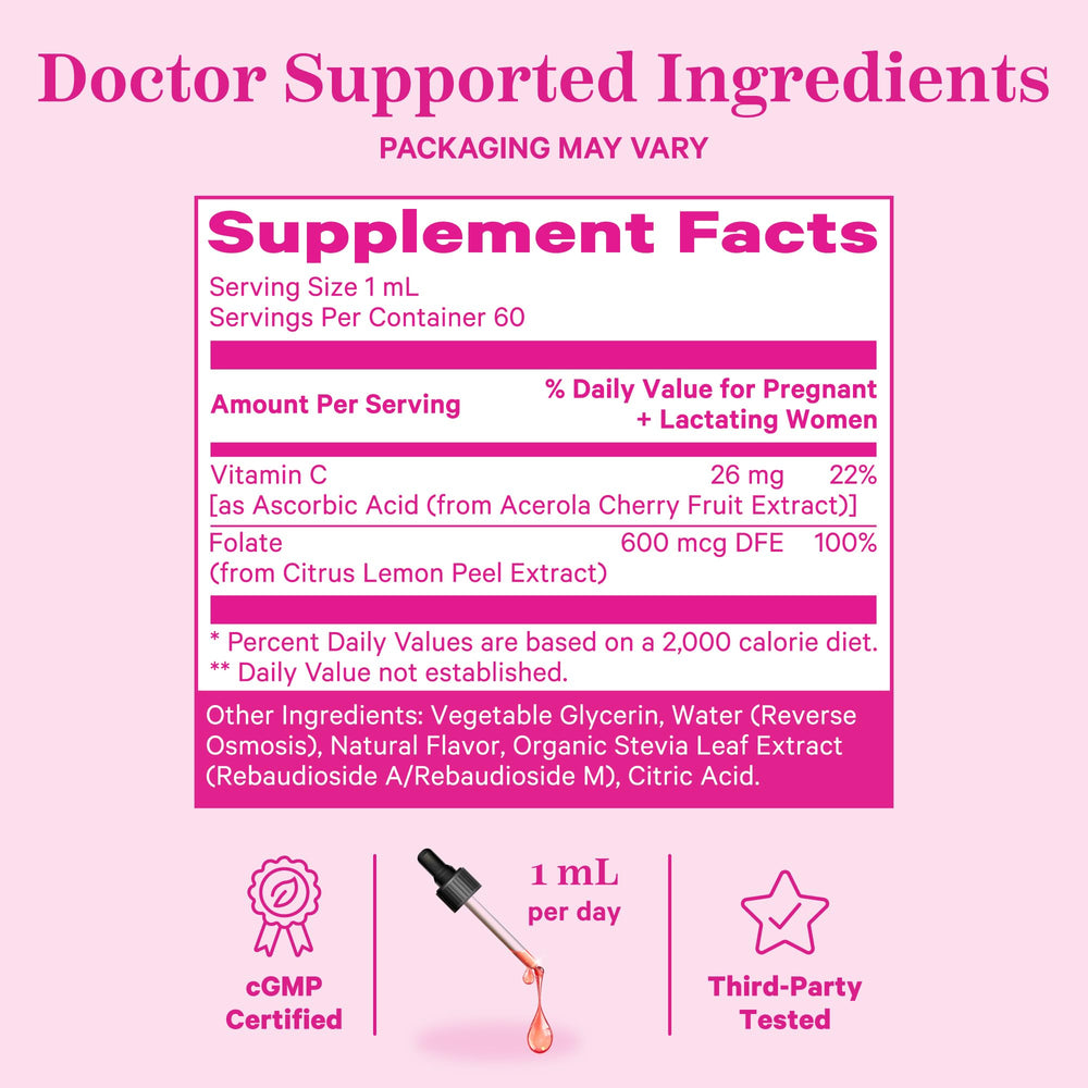 Closeup of Pink Stork Liquid Folate Drops liquid in dropper.