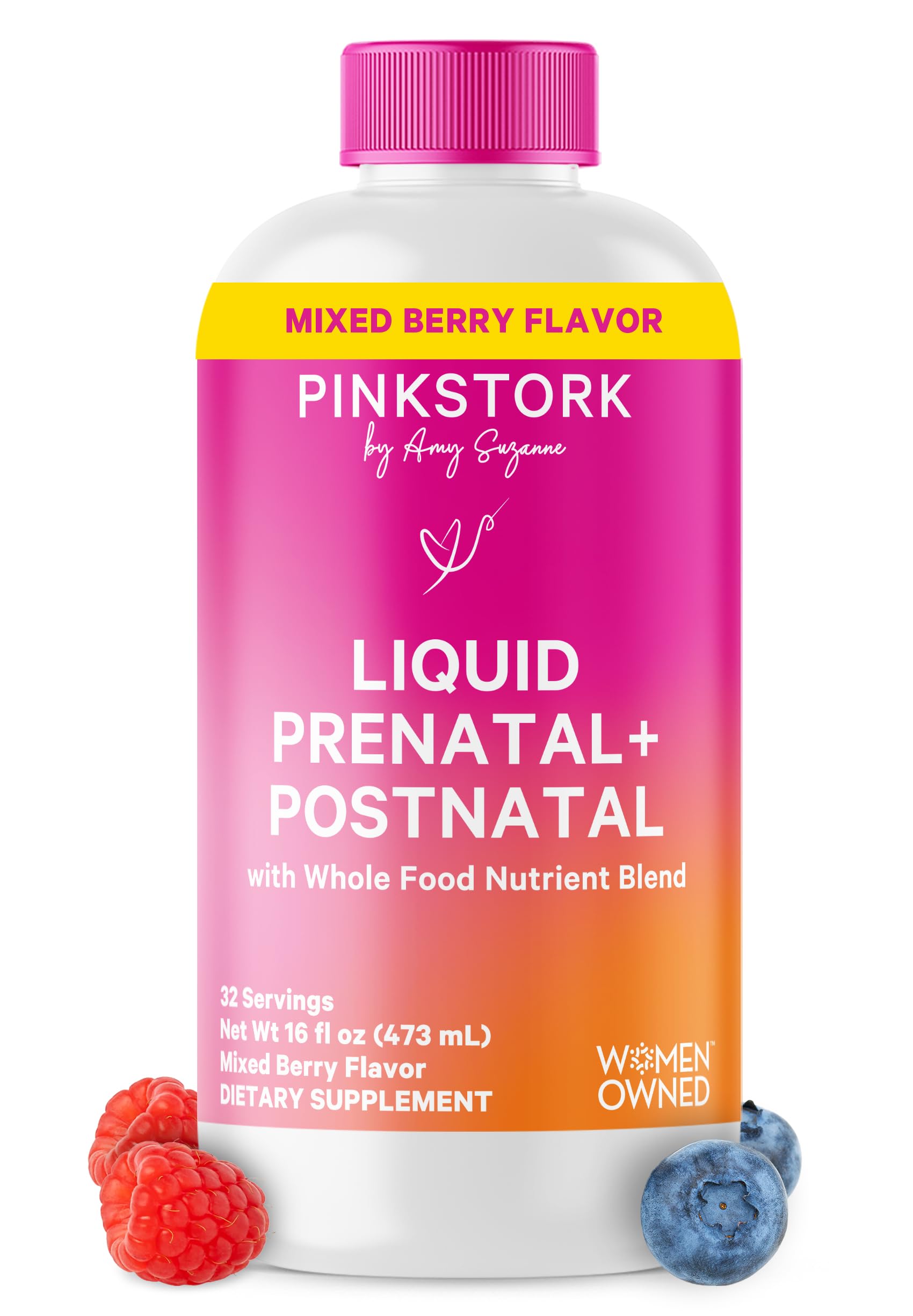 Pink Stork Liquid Prenatal berry bottle for easy daily nutrition