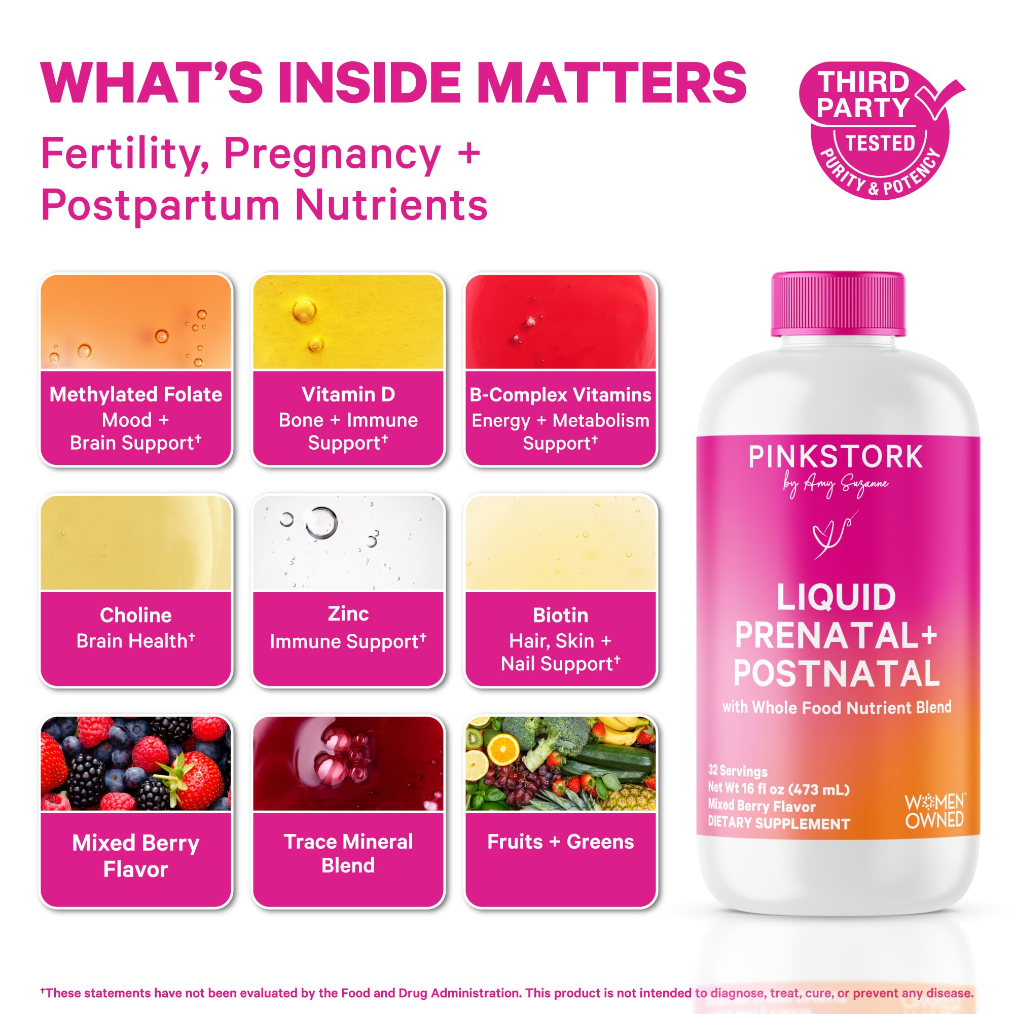 Pour Pink Stork prenatal liquid into a glass for quick digestion