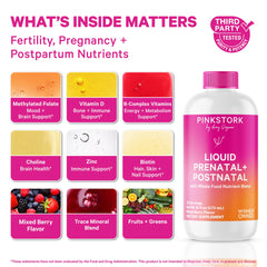 Pour Pink Stork prenatal liquid into a glass for quick digestion