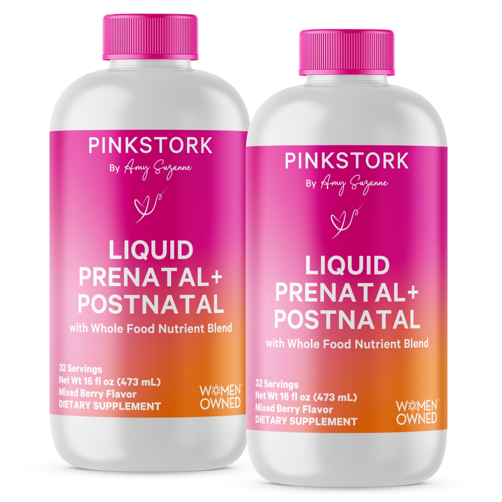 Pink Stork Liquid Prenatal bottle front view for daily nutrient support.