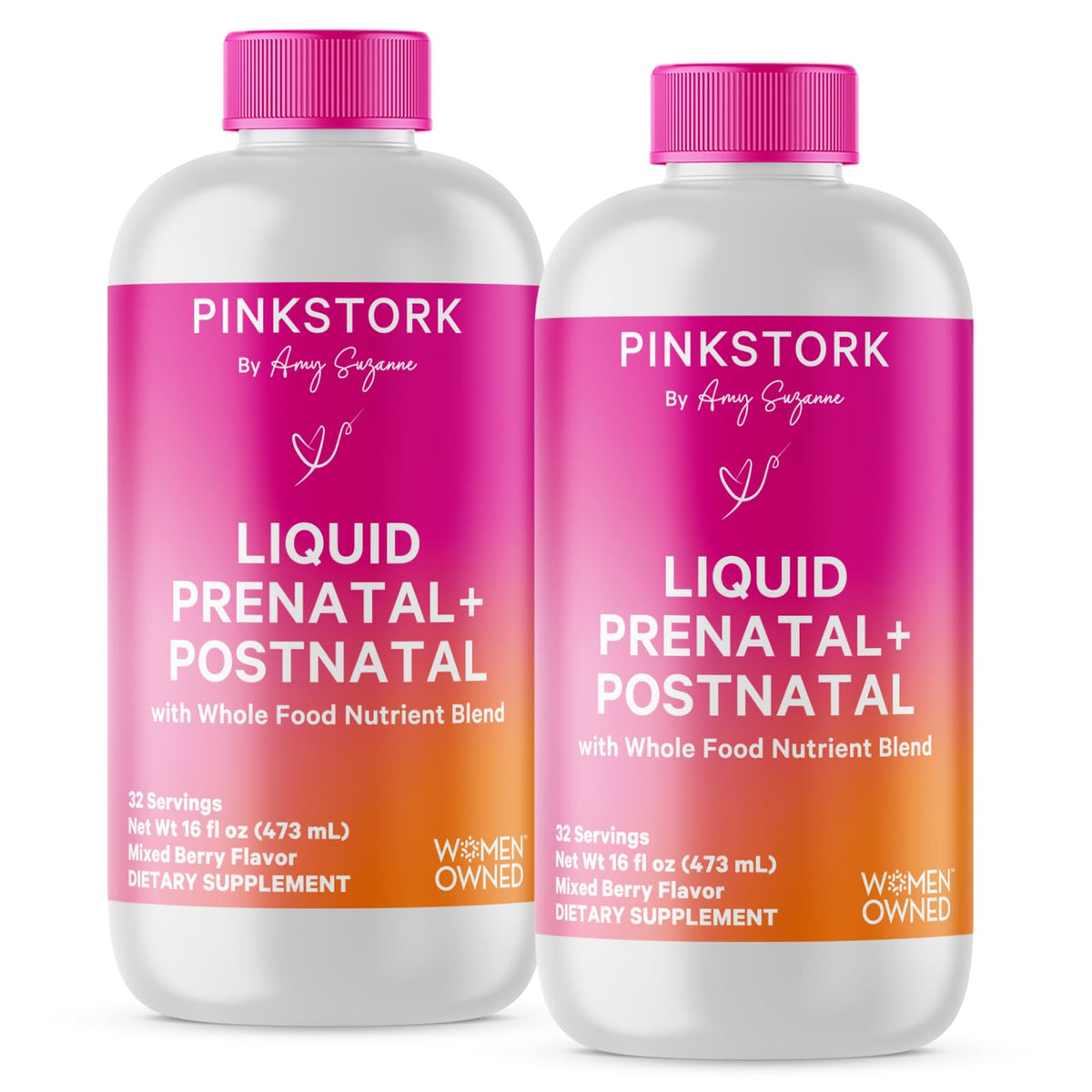 Pink Stork Liquid Prenatal bottle front view for daily nutrient support.