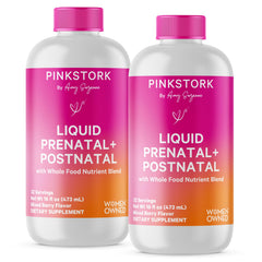 Pink Stork Liquid Prenatal bottle front view for daily nutrient support.