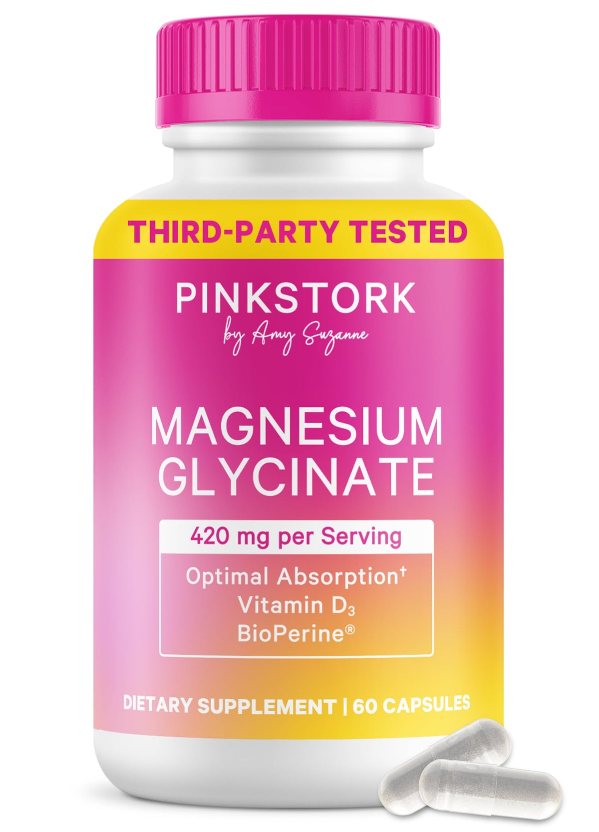Pink Stork Magnesium Glycinate bottle front showing calm wellness design