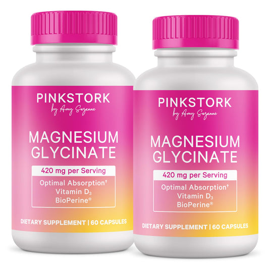 Pink Stork magnesium glycinate bottle supports daily calm and balance.