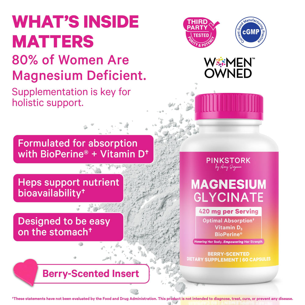 Pink Stork Magnesium Glycinate capsules close-up for mood balance.