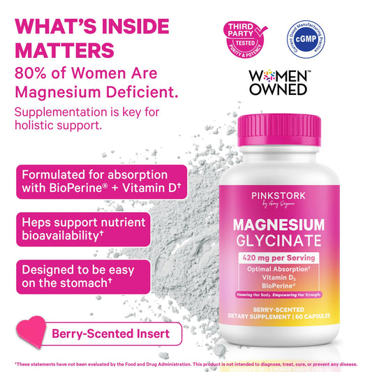 Pink Stork Magnesium Glycinate capsules close-up for mood balance.