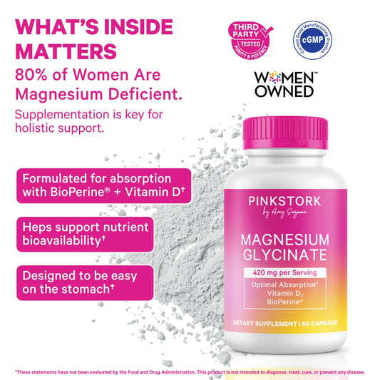 Pink Stork magnesium glycinate capsules closeup highlighting gentle absorption.