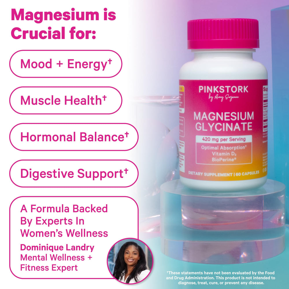 Label closeup of Pink Stork Magnesium Glycinate with D3
