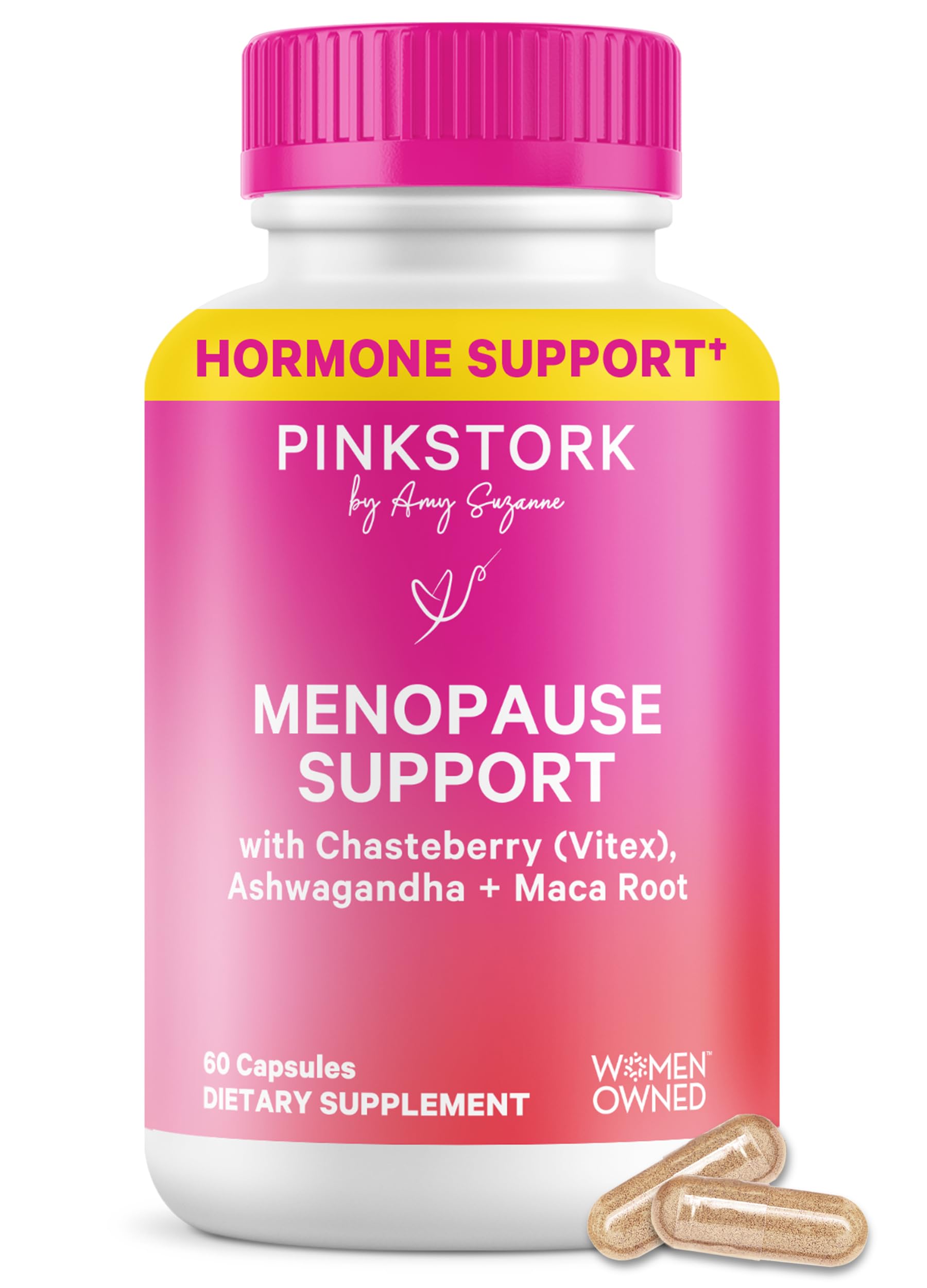 Pink Stork Menopause Support bottle front with plant-based balance concept.
