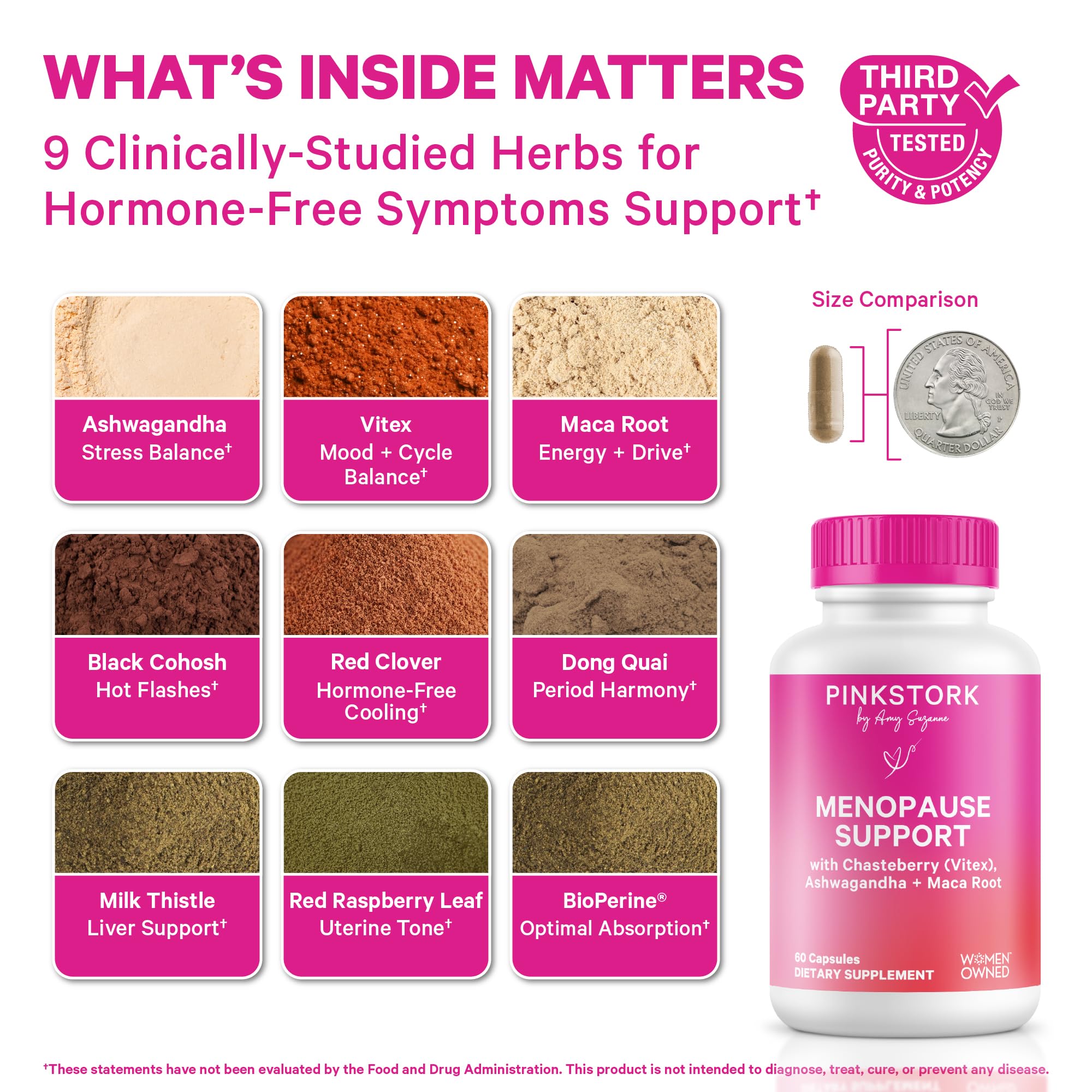 Closeup of Pink Stork Menopause Support capsules highlighting vegan formula.