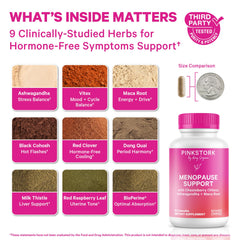 Closeup of Pink Stork Menopause Support capsules highlighting vegan formula.