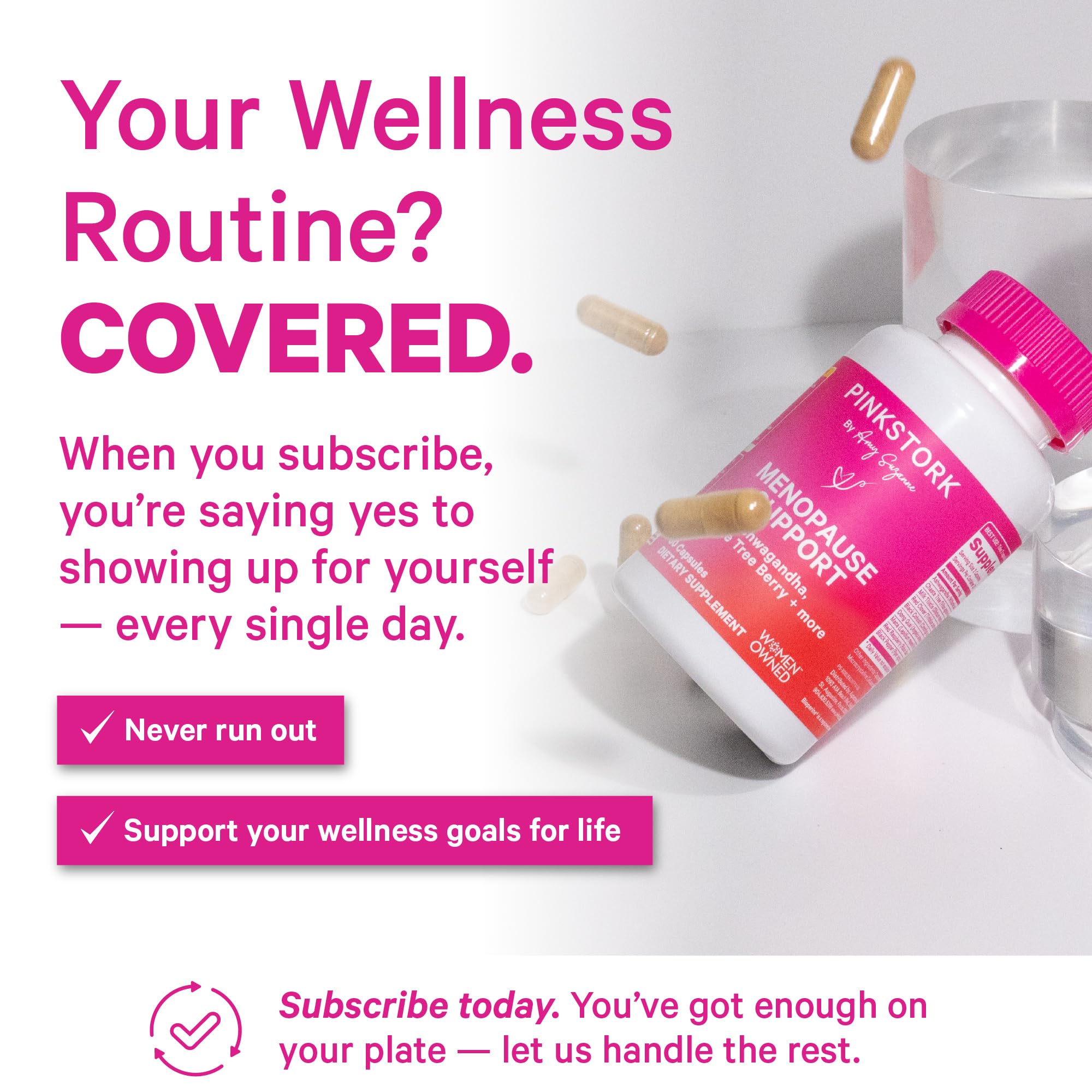 Pink Stork Menopause Support vegan capsules emphasizing plant-based formulation.