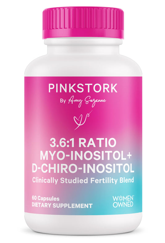 Pink Stork Myo-Inositol bottle front promotes fertility support.