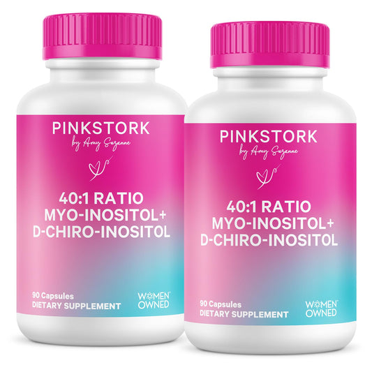 Pink Stork Myo-Inositol & D-Chiro Inositol bottle shows the 40:1 balance