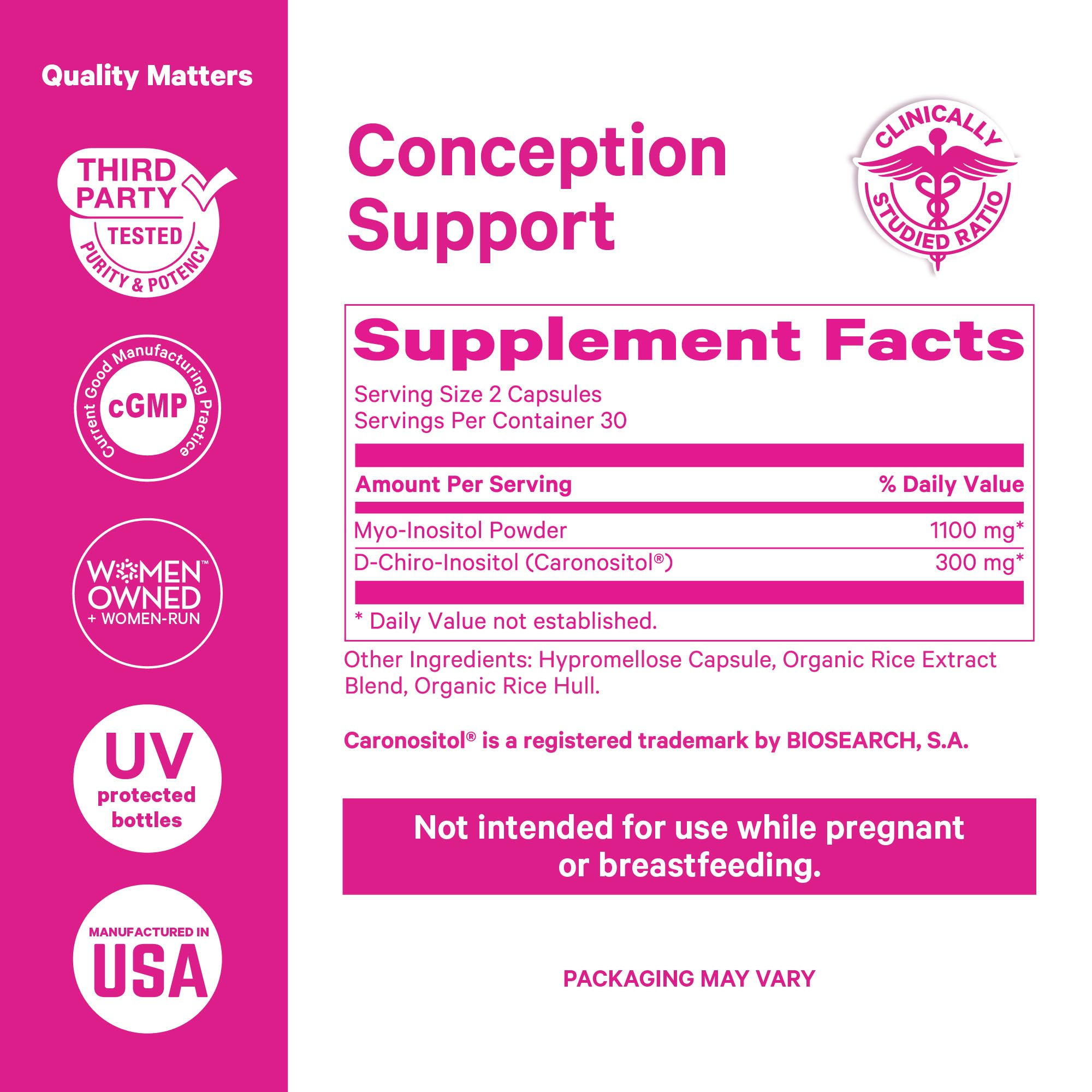 Packaging display showcases clean label and founder-owned Pink Stork branding.