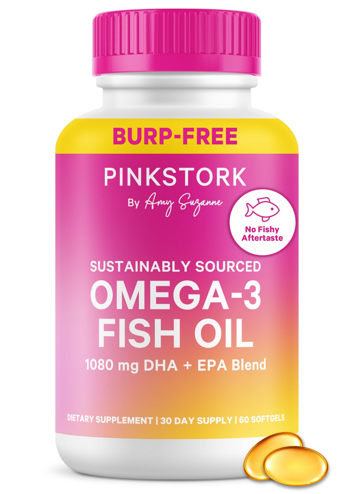 Pink Stork Omega-3 bottle view highlighting high potency DHA and EPA