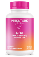 Pink Stork Omega-3 DHA softgel bottle for daily prenatal ritual and maternal wellness.