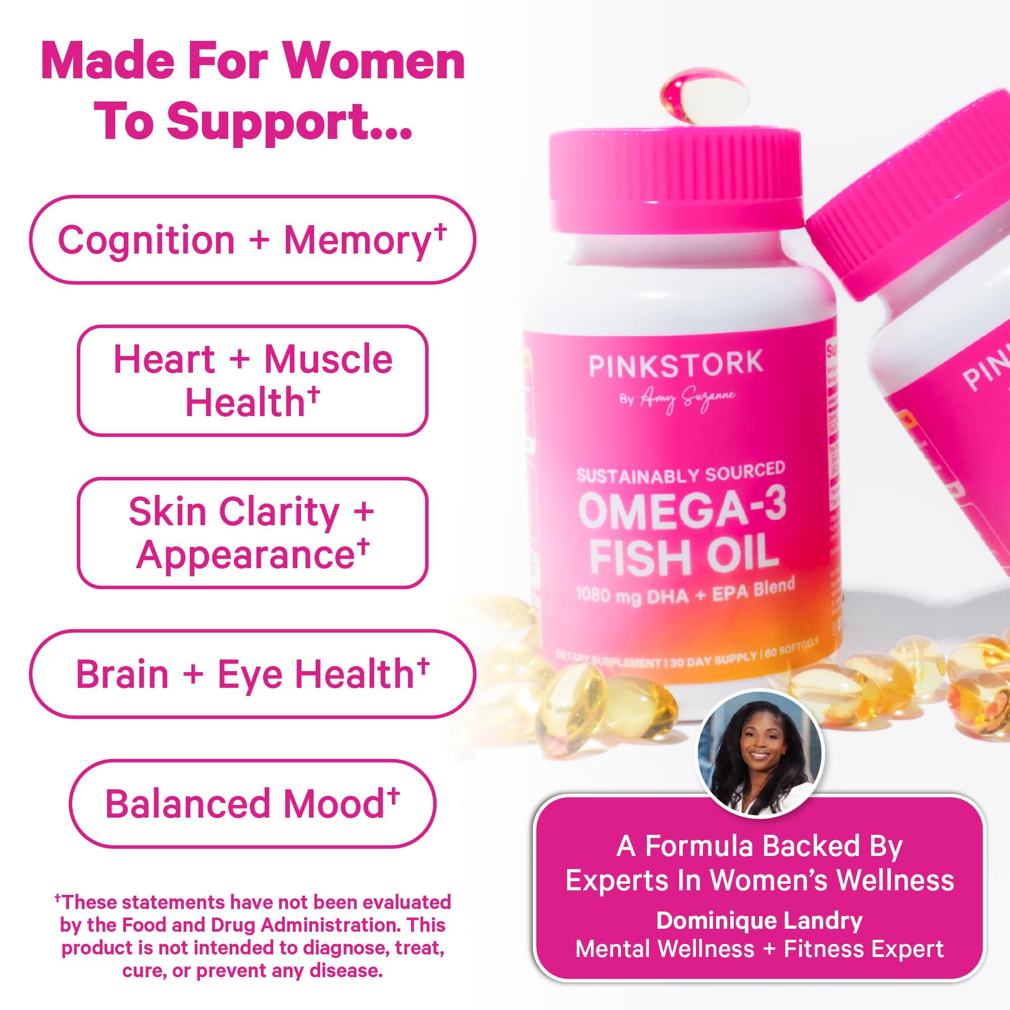 Pink Stork Omega-3 dosed bottle with two softgels per serving