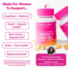 Pink Stork Omega-3 dosed bottle with two softgels per serving
