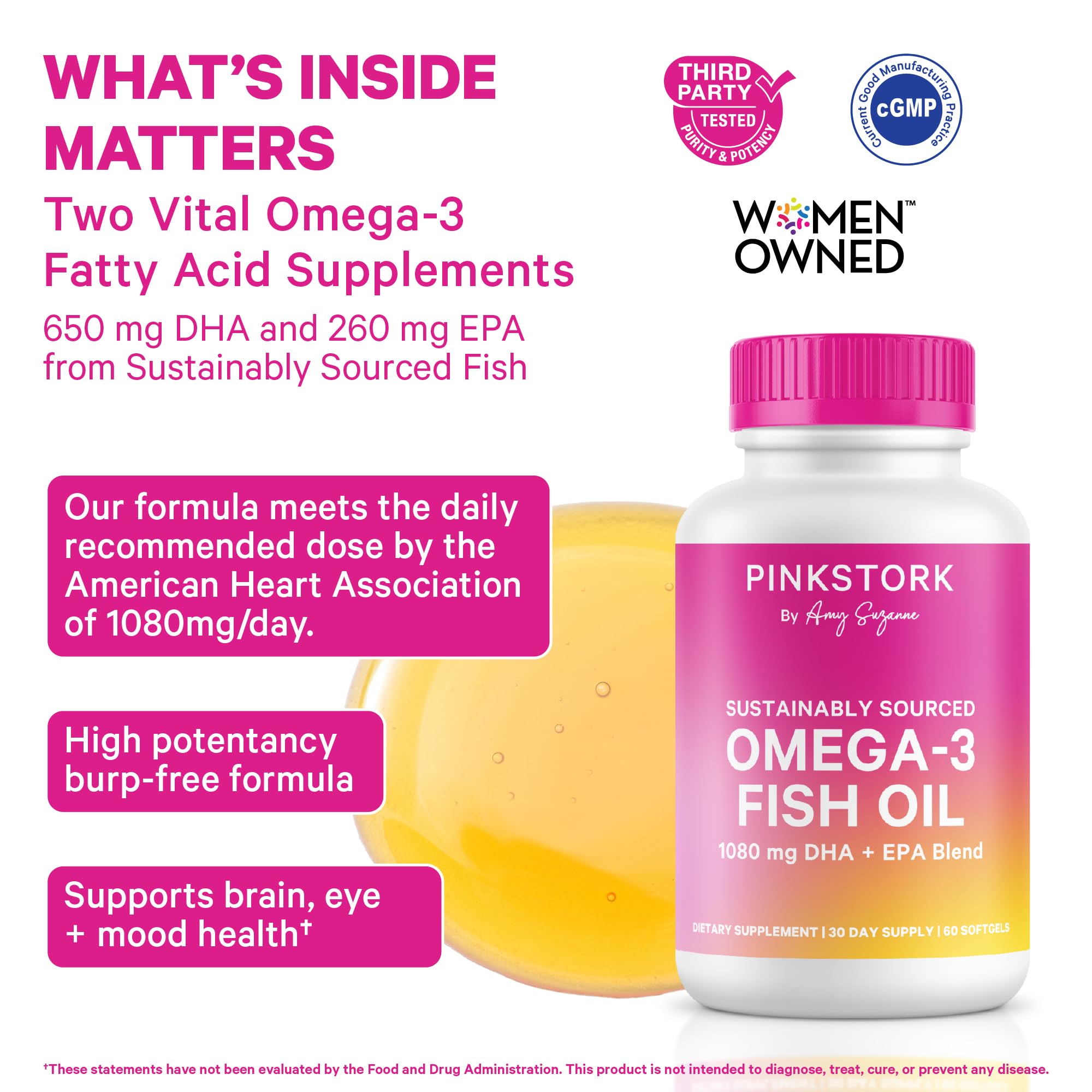 Pink Stork Omega-3 softgels closeup showing burpless design