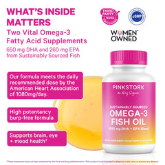 Pink Stork Omega-3 softgels closeup showing burpless design