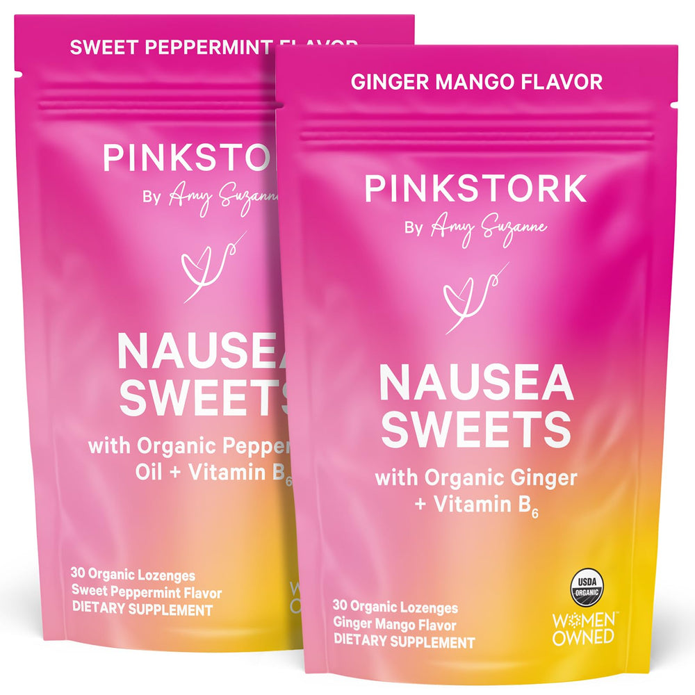 Pink Stork Sweets peppermint front with digestive support benefits.