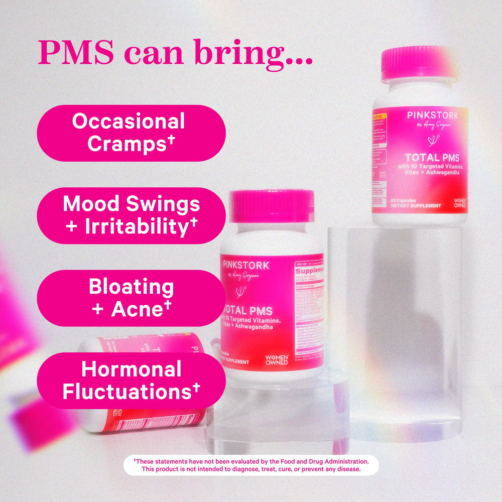 Pink Stork PMS capsules close-up for easy daily intake.