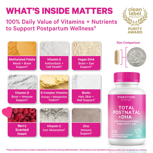 Pink Stork Postnatal capsules ready for easy two-capsule daily intake