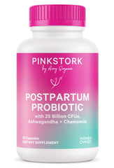 Pink Stork Postnatal Probiotics bottle front showing 11 strains for postpartum gut health