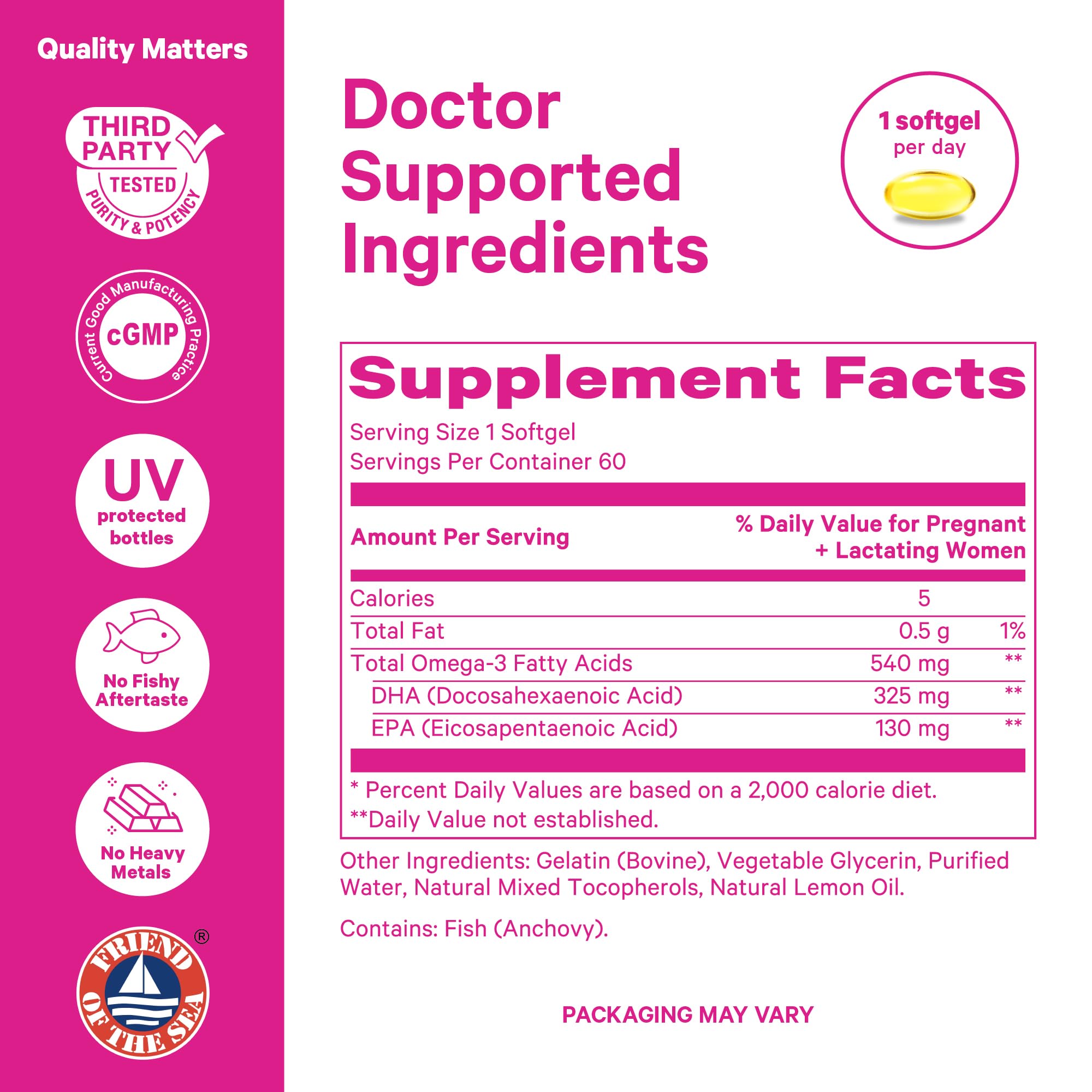 Pink Stork postpartum brain fog softgel container for postpartum wellness support.