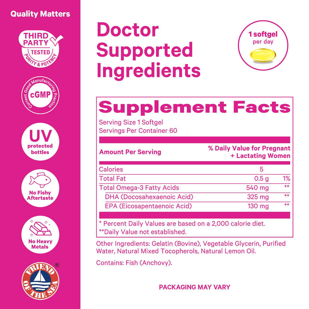 Pink Stork postpartum brain fog softgel container for postpartum wellness support.