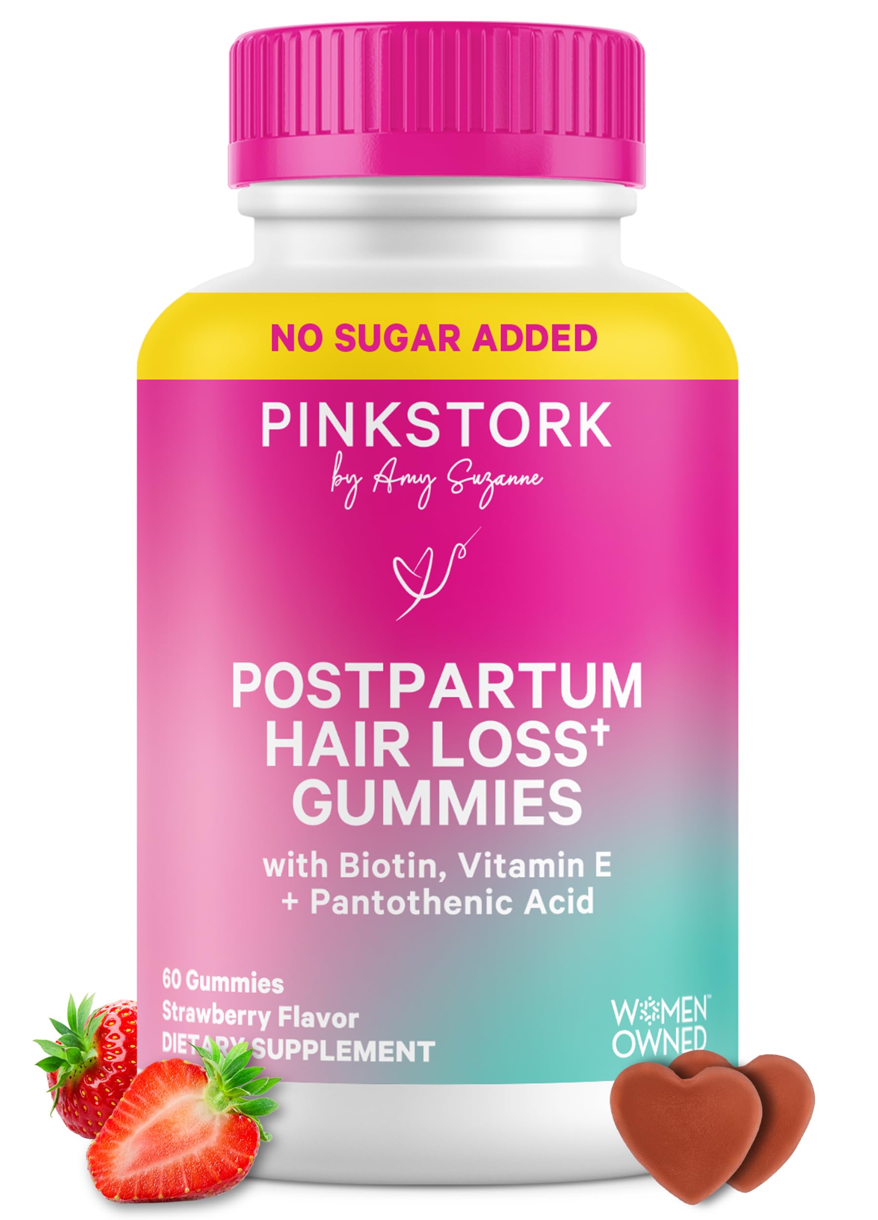 Pink Stork Postpartum Hair Loss Gummies bottle with strawberry flavor for daily nourishment.