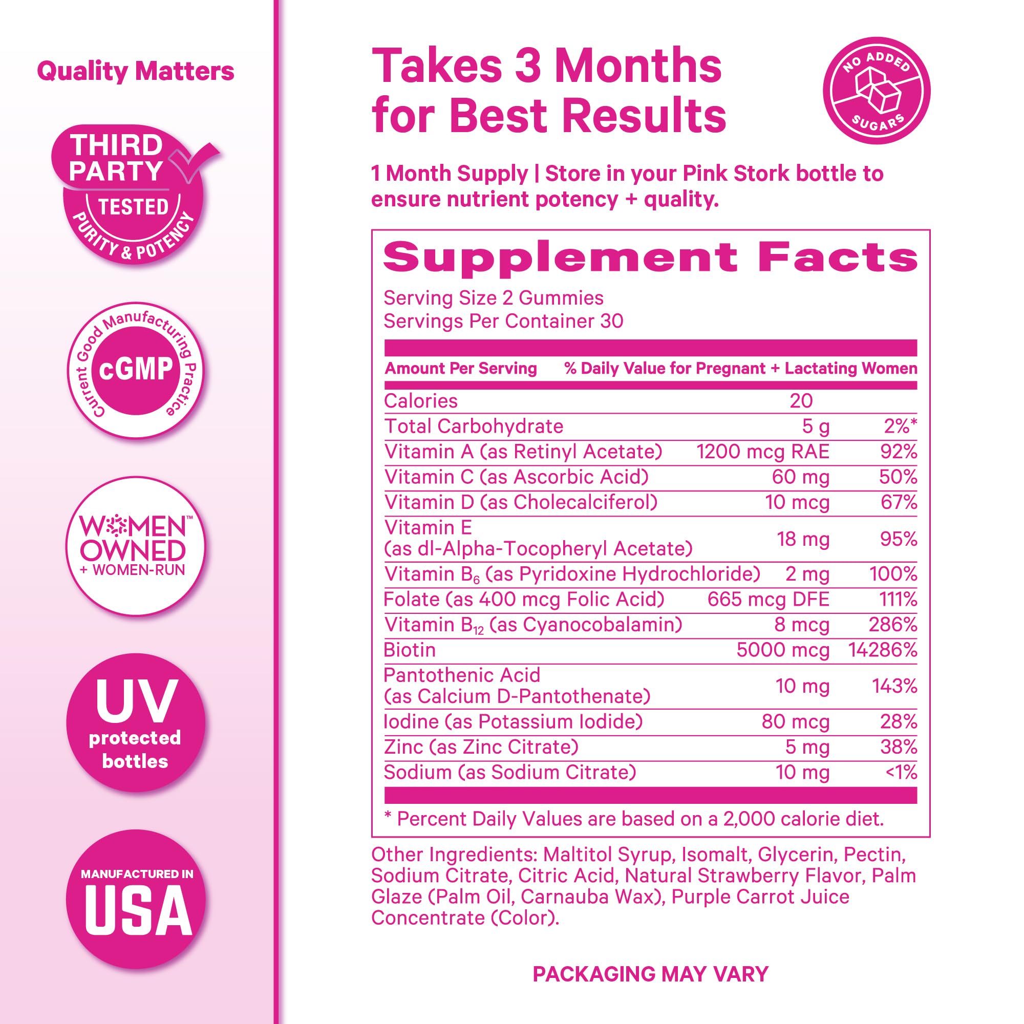 Pink Stork gummies close-up highlights natural strawberry sweetness.