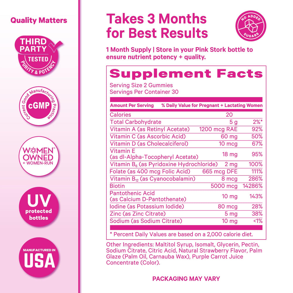 Pink Stork gummies close-up highlights natural strawberry sweetness.