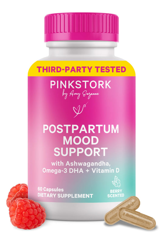Pink Stork Postpartum Mood Support bottle front for new moms with mood support