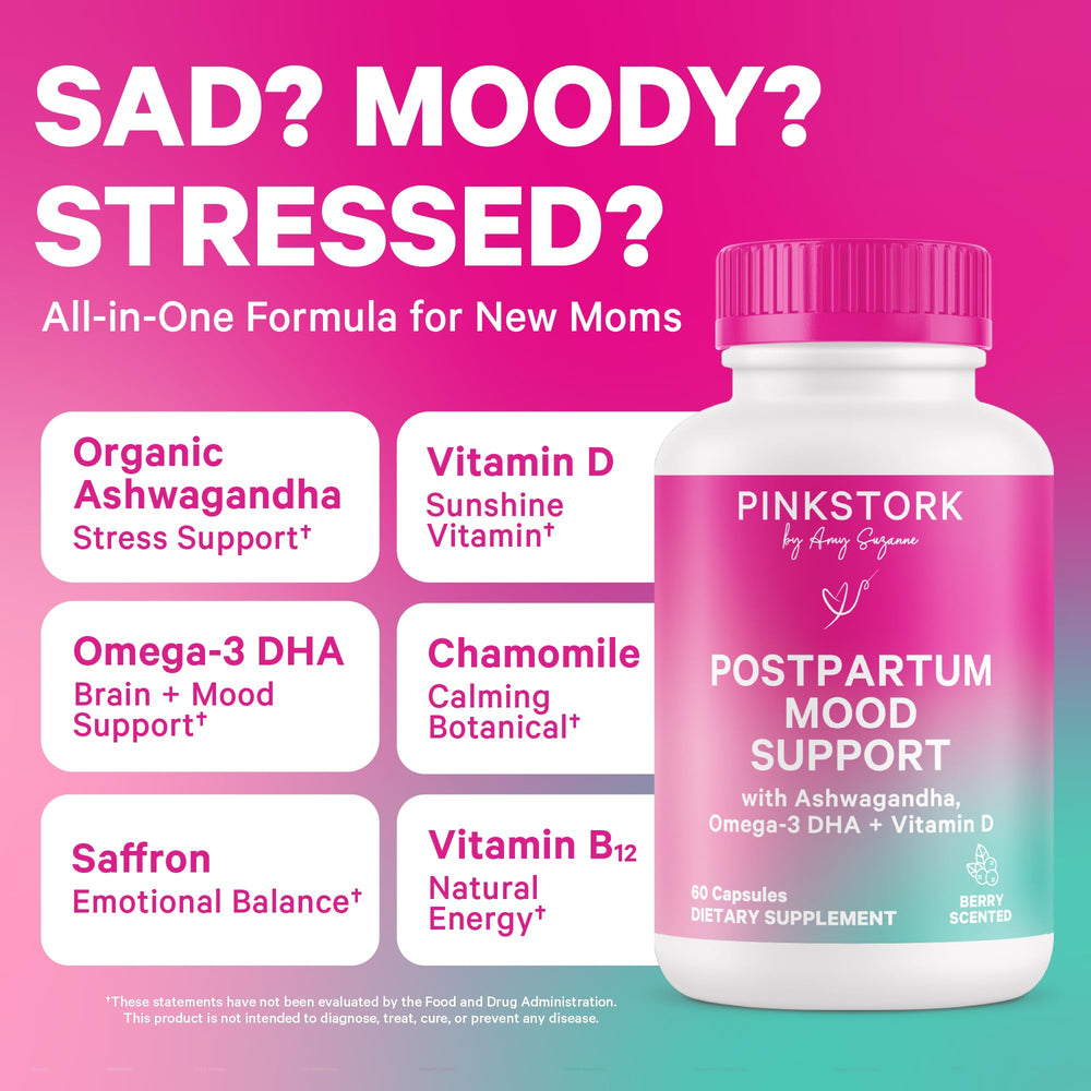 Pink Stork Postpartum Mood Support bottle side highlighting vegan, hormone-friendly formula
