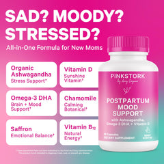 Pink Stork Postpartum Mood Support bottle side highlighting vegan, hormone-friendly formula