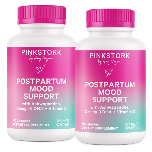 Pink Stork Postpartum Mood Support bottle showing easy-to-swallow capsules for daily mood balance