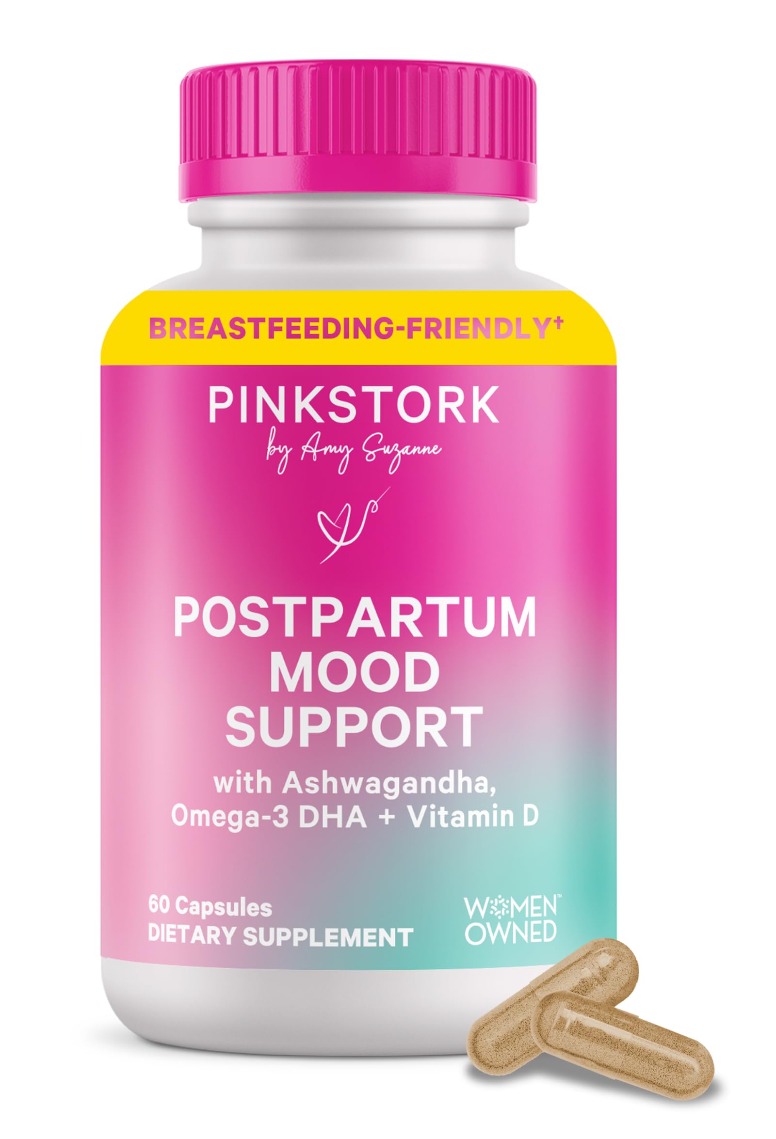 Pink Stork Postpartum Mood Support bottle promotes mood balance during the fourth trimester