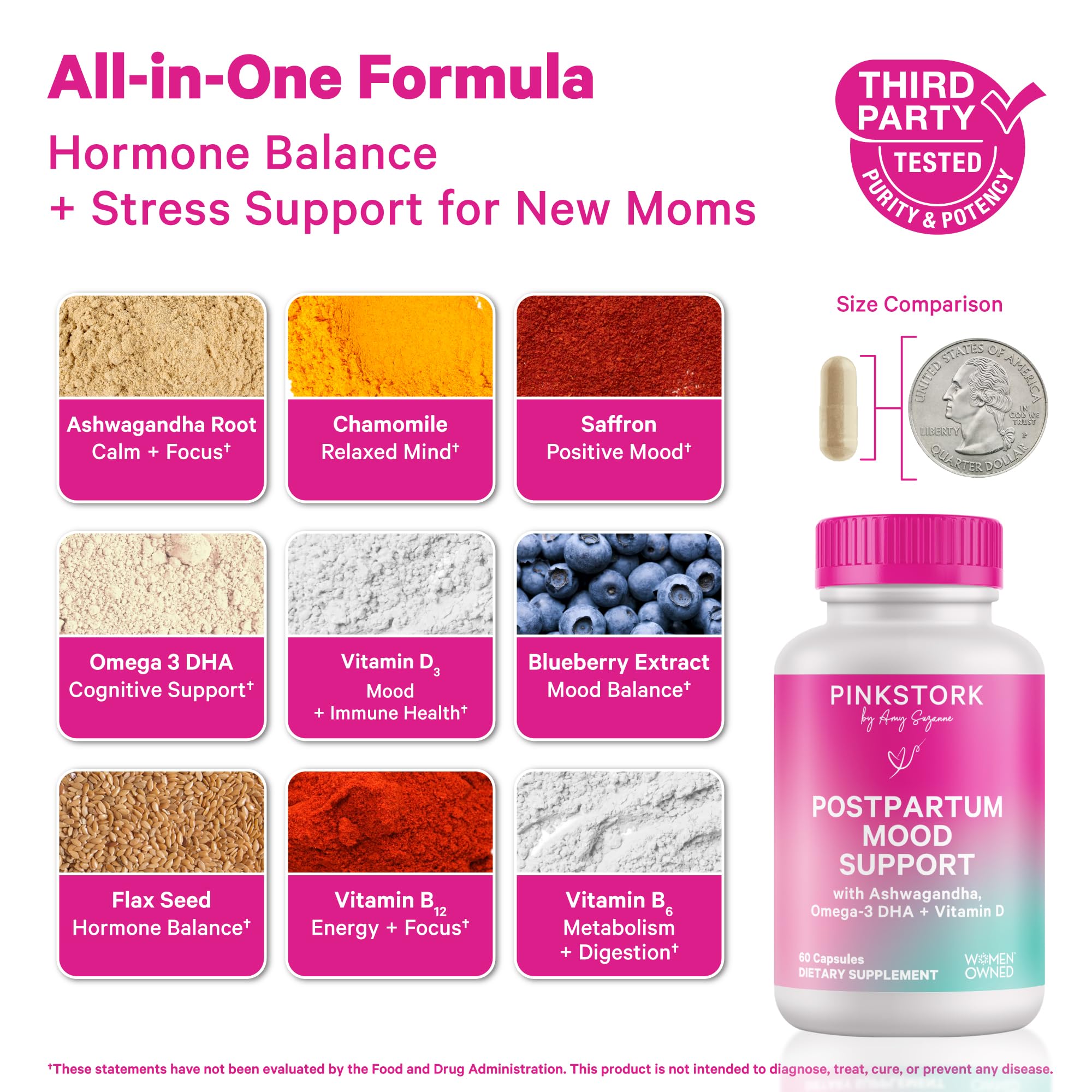 Pink Stork Mood Support capsules close-up for daily mom-friendly convenience