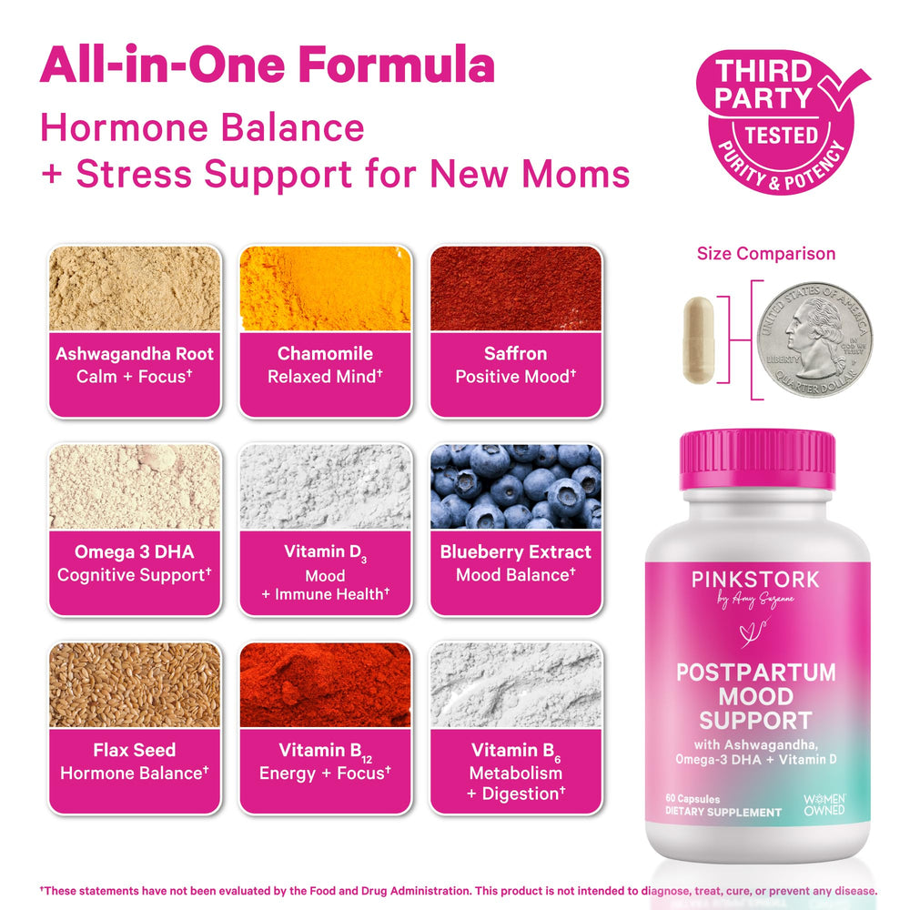 Pink Stork Mood Support capsules close-up for daily mom-friendly convenience