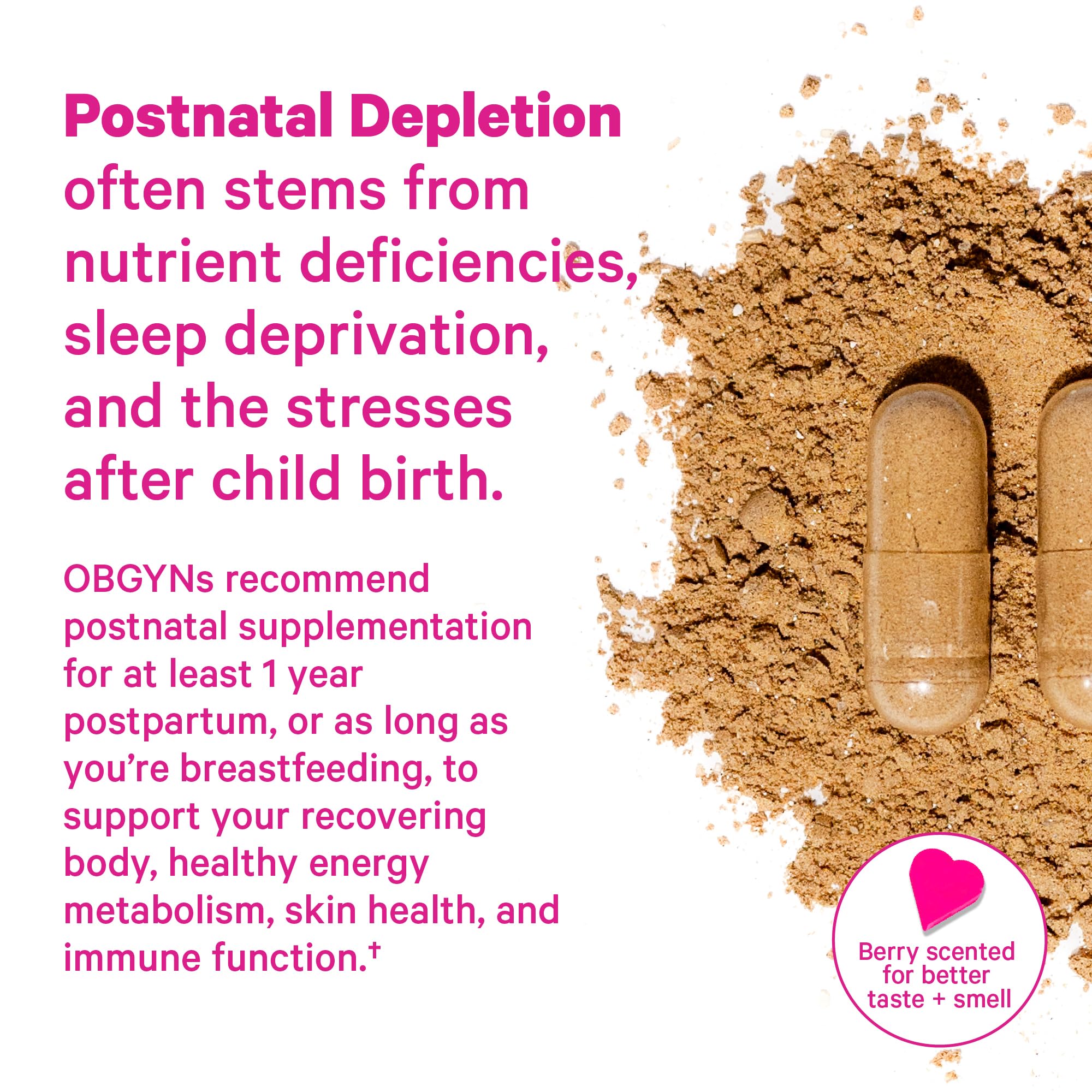 Pink Stork Postpartum Mood Support ingredients label with natural herbs and nutrients