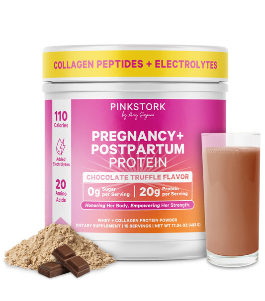 Pink Stork pregnancy-postpartum protein bottle highlights convenient daily shake for busy moms.